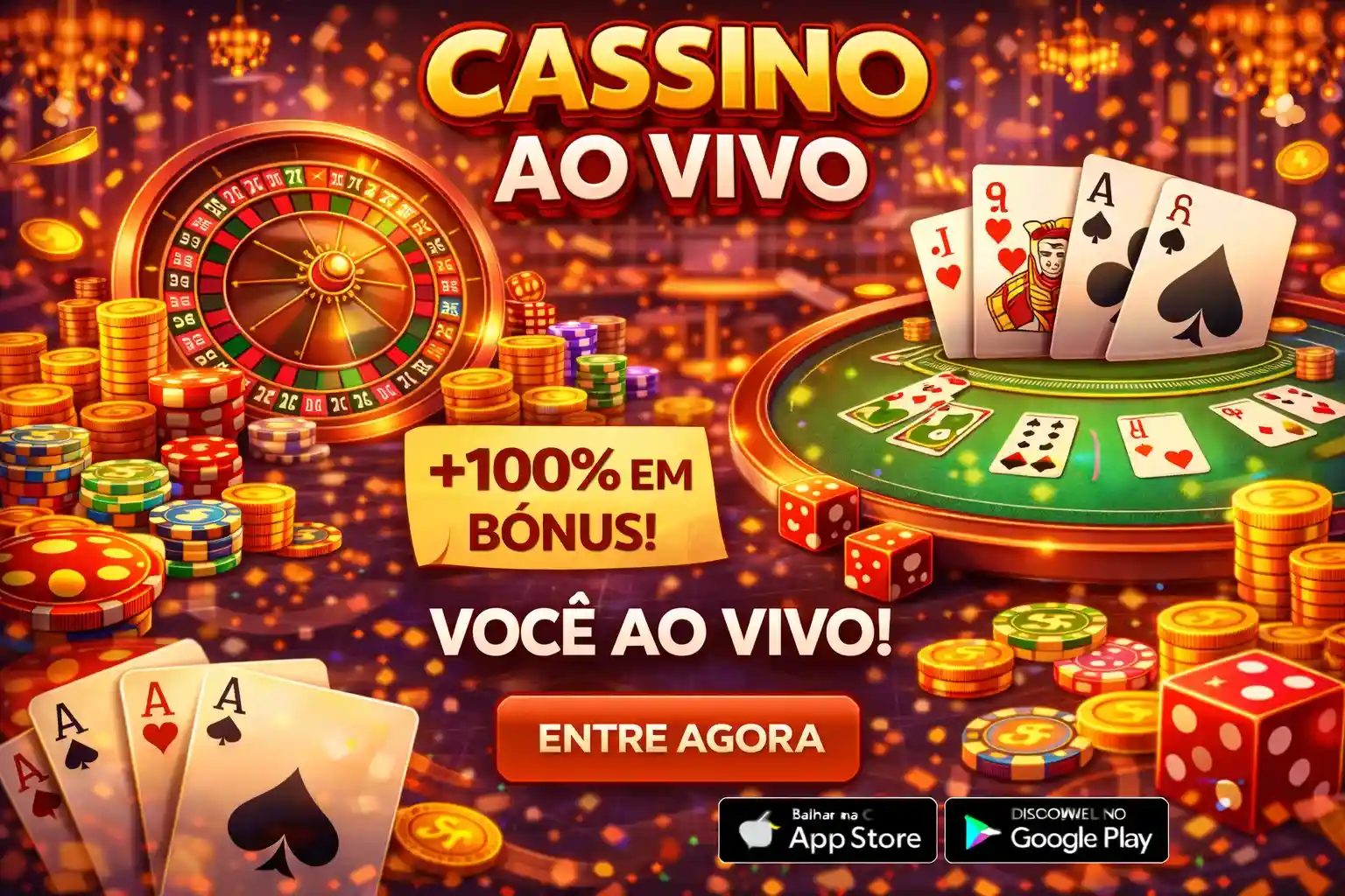 Mesa de cassino ao vivo com roleta, cartas e pilhas de moedas douradas